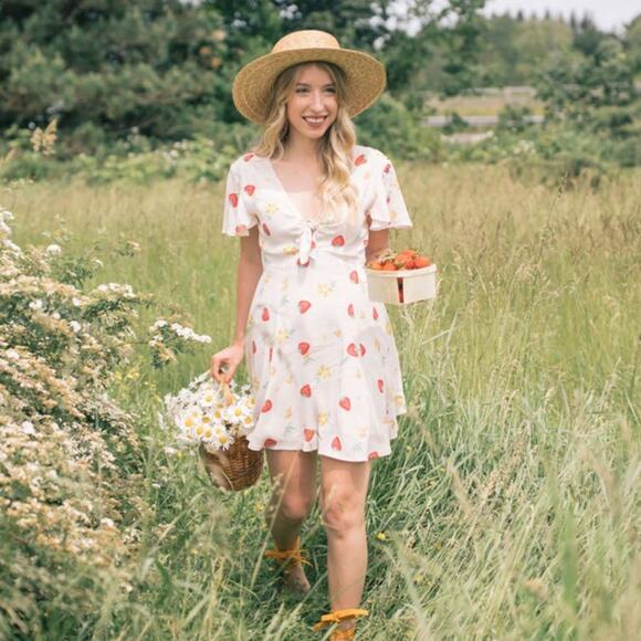 Privacy Please Dixie Mini Dress Strawberry Print Plunge Neck size XS - Picture 1 of 10